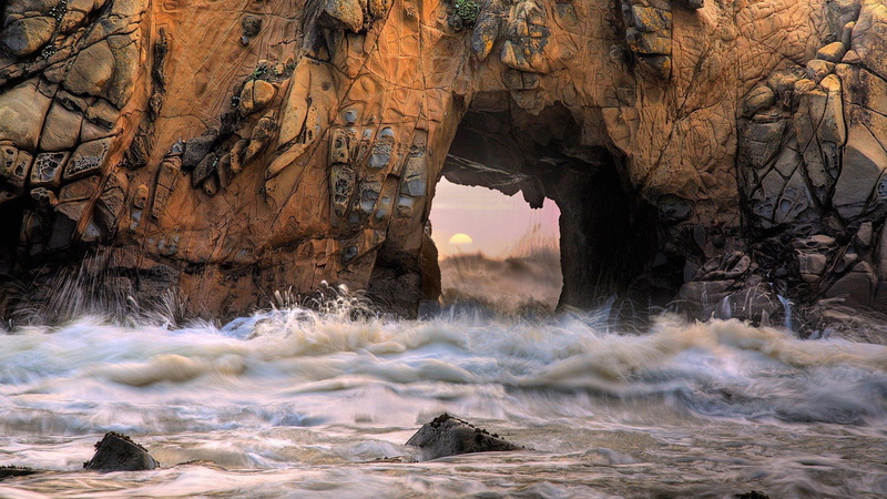 3d and abstract, thru, surf, beach, 1080P, tunnel, rocks, sun