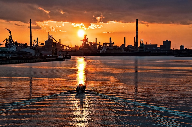 orange color, sunset, thru, japan, freight transportation, sailing, sky, industry, nautical vessel, landscape, mode of transportation, photograph, 2K