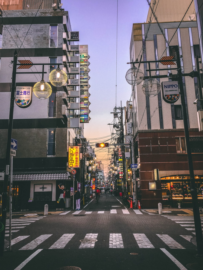 city street, office building exterior, transportation, outdoors, car, street, osaka, crossing, building, built structure, the way forward, crosswalk, marking