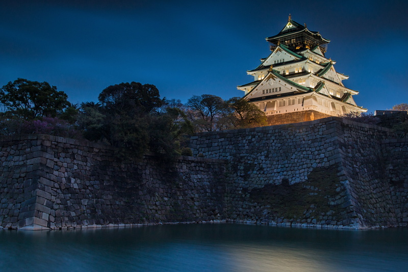 night, mound, castle, ditch, 5K, Osaka Castle, Osaka, Japan, water