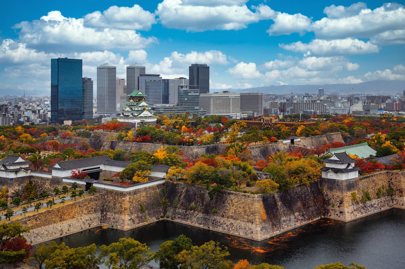 Park, Osaka, building, Osaka Castle, trees, Japan, skyscrapers, 5K, castle, Osaka Castle Park, ditch