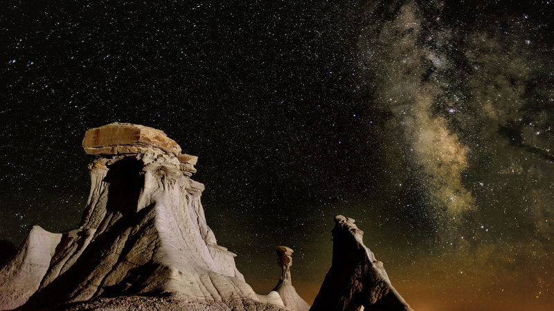 nature, shadow, Milky Way, sky, rock, stars, desert, landscape, USA, mountains, rock formation, New Mexico, night, 2K