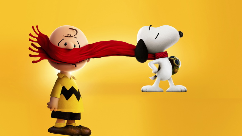 two objects, human representation, Movie, Peanuts, conflict, Snoopy, Charlie, yellow background, mammal, yellow, cartoon, no people, colored background