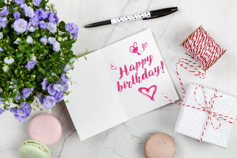background, high angle view, still life, happy, box, plant, handmade, freshness, envelope, greetings, message, food, pen, white, card, violet, flower, birthday