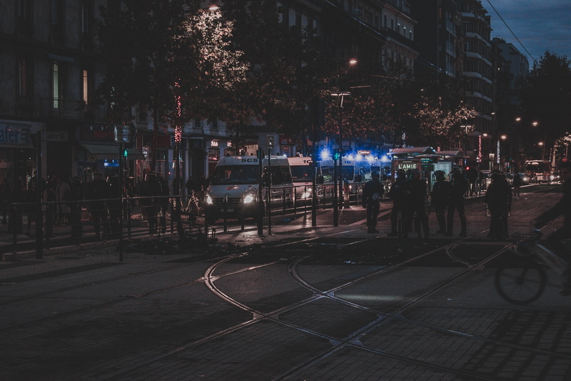 mode of transportation, transportation, 5K, grenoble, street, hooligans, illuminated, city, road, outdoors, land vehicle, group of people, tree, hooligan