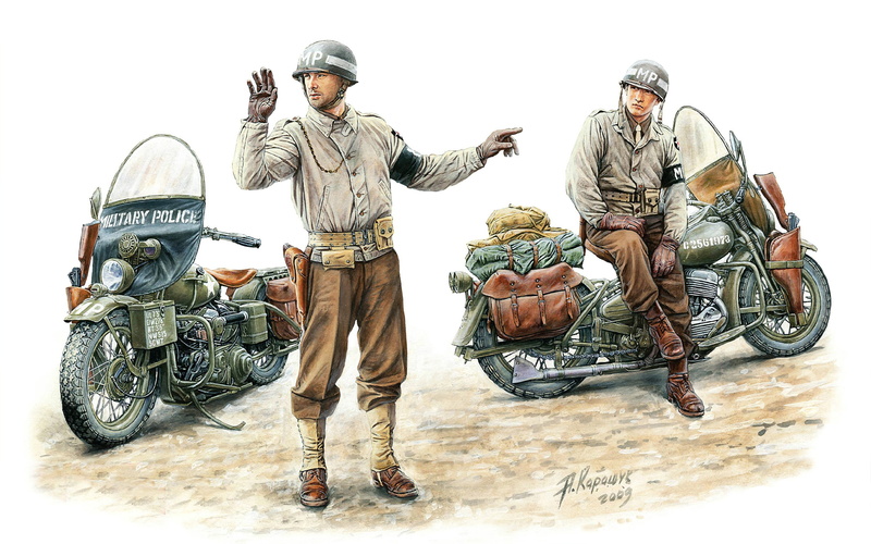 real people, front view, mode of transportation, lifestyles, white background, military, motorcycles, U.S. Military Police, standing, 1942., day, land vehicle