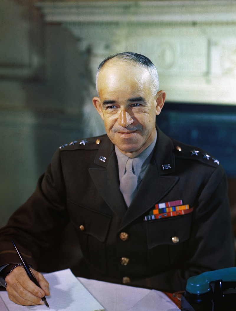 looking at camera, safety, World War II, one person, responsibility, clothing, adult, US Army, men, Omar Bradley, protection, law, waist up, portrait, indoors