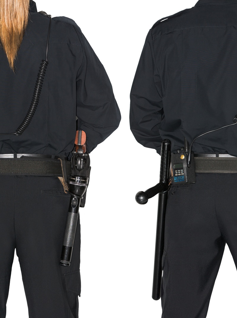 occupation, safety, clothing, gun, baton, policeman, officers, two people, uniform, police, rear view, 2K, casual clothing, security, female, government