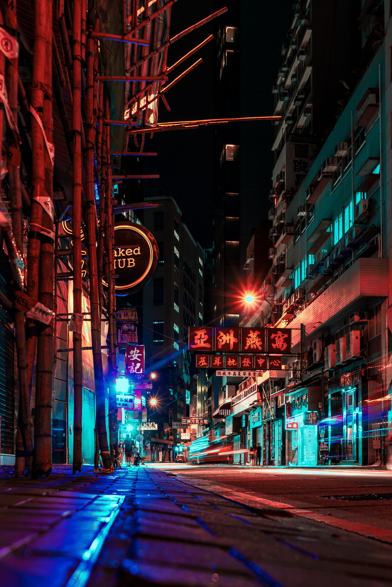 nightlife, motion, street, path, road, baked, architecture, city street, cityscape, 5K, urban, city, asphalt, neon, skyscraper, no people, night city