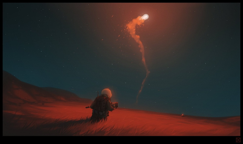 staring, leisure activity, tranquil scene, orange color, star field, weapon, animated, full length, digital composite, sky, auto post production filter