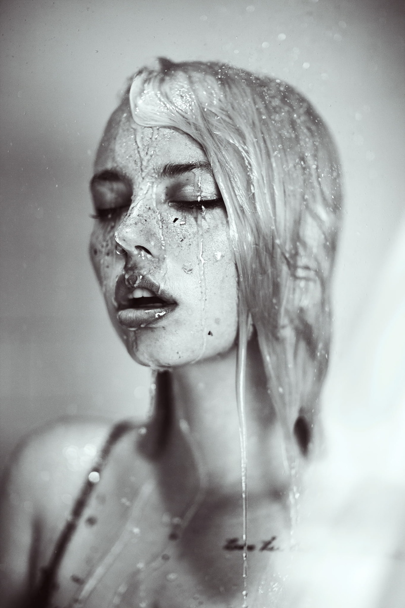 drop, wet, portrait, creativity, headshot, closed eyes, women indoors, open mouth, beauty, monochrome, human face, indoors, human body part, water, body part