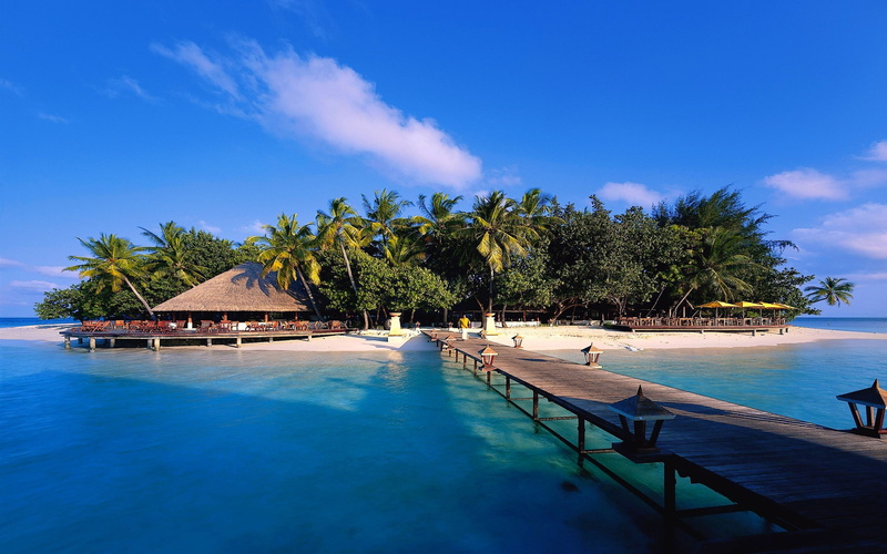 trees, sea, house, beach, 2K, bridge, sky, island, maldives