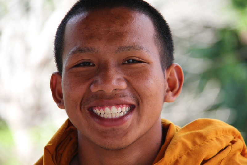 close-up, male, holy, hairstyle, faith, religion, teeth, worship, wearing, buddhism, person, white teeth, traditional, one person, lao, monk, cheerful