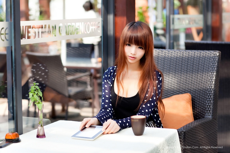 Asian, sitting, food and drink, women, beauty, young women, drink, table, bangs, real people, wireless technology, communication, 2K, adult, polka dots