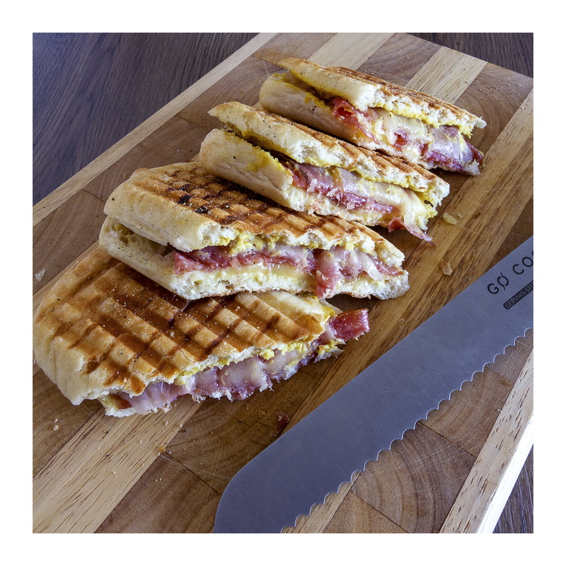 meat, spices, food crumbs, 4K, photography, cheese, toast, panini, closeup, bread, table knife, lunch, knife and fork, wooden surface, cutting board, silverware