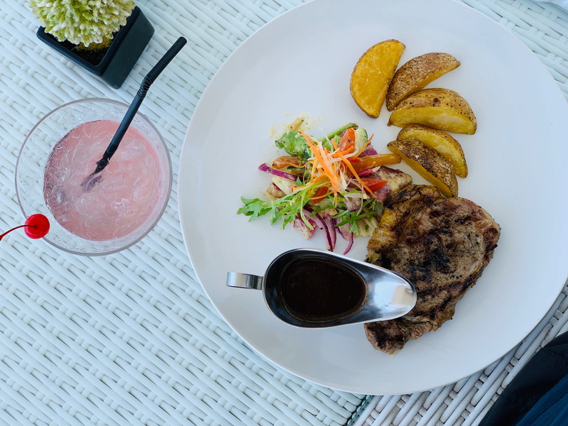 fried chicken, indoors, fork, pate, snack, steak, coffee, refreshment, directly above, meal, food, table, healthy eating, culinary, plate, meat loaf, high
