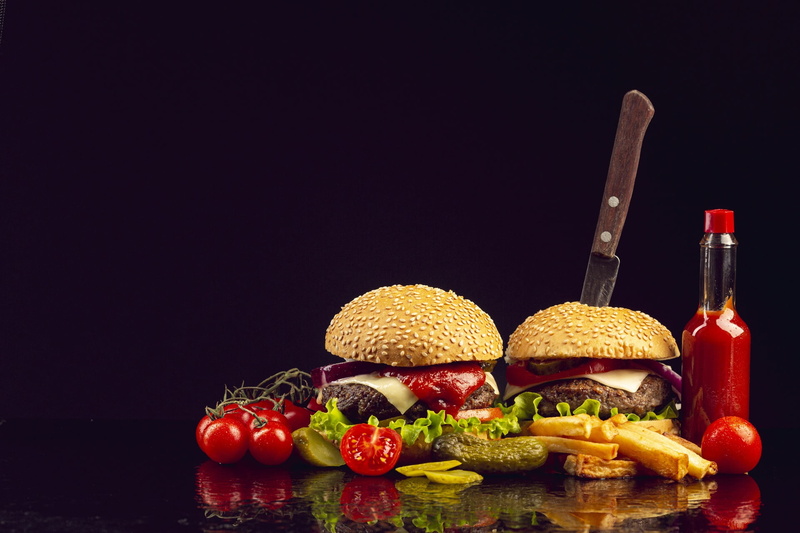 tomatoes, ketchup, meat, 1080P, food, simple background, vegetables, burger, Fries