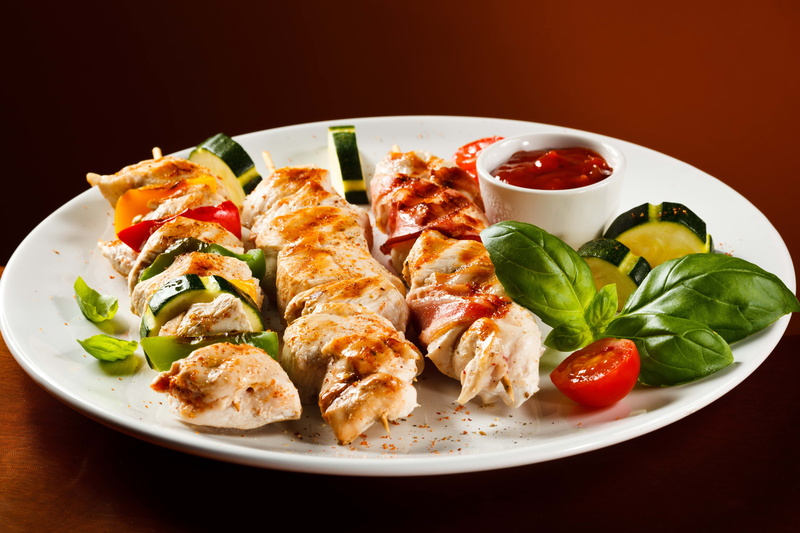 baked, dinner, food, vegetable, spice, slice, table, crockery, fruit, lunch, indoors, basil, studio Shot, kebab, seafood, chicken Meat, no People, green Color