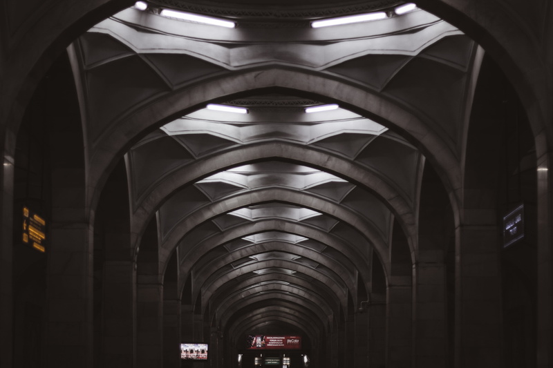 style, diminishing perspective, tradition, toshkent, arched, architecture and art, city, tahskent, arch, underground, 5K, vault ceiling, religion, subway