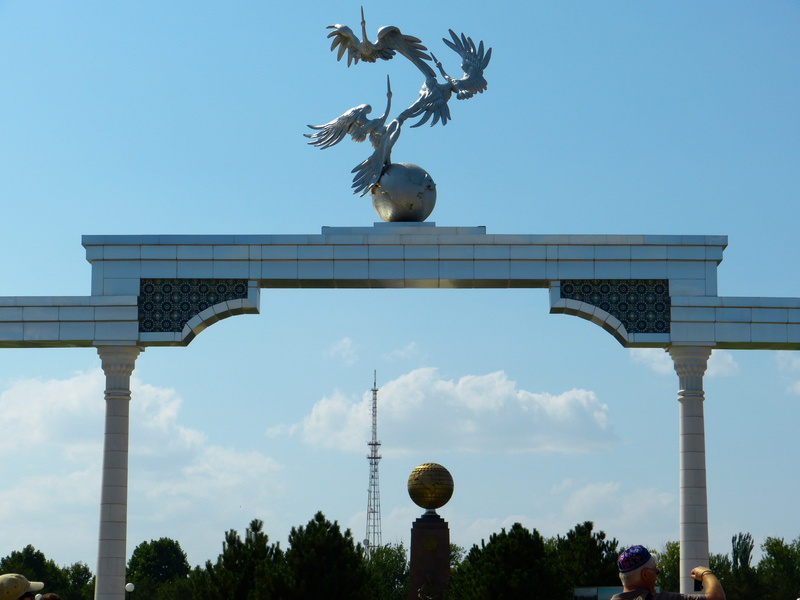 monument, tree, tashkent, art and craft, independence square, day, built structure, sky, sculpture, travel destinations, animal representation, no people