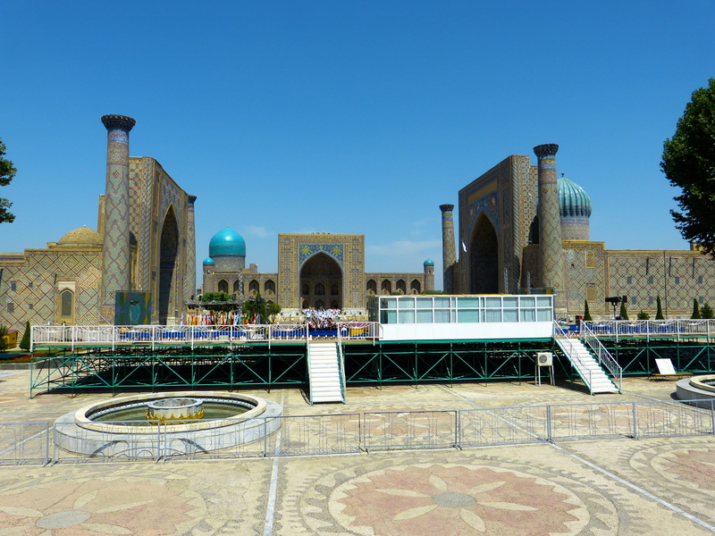 minaret, Uzbekistan, place of worship, spirituality, day, clear sky, blue, 4K, building Exterior, tourism, arch, architecture, water, Registan Square