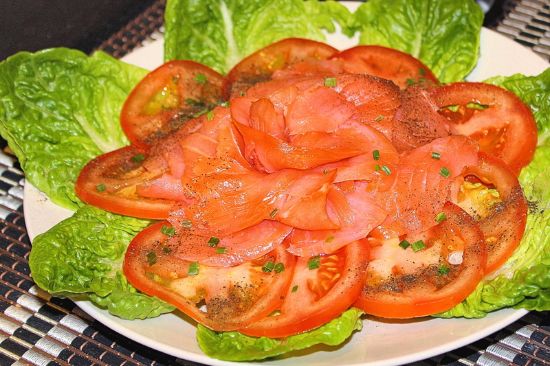 red, tomato, healthy eating, meat, salmon, seafood, high angle view, ready-to-eat, still life, close-up, lettuce leaves, indoors, benefit from, plate, tasty