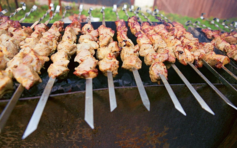 marinated, roasted, grilled, large group of objects, 1080P, dinner, refreshment, cooking, freshness, in a row, close-up, heat - Temperature, pork, wellbeing