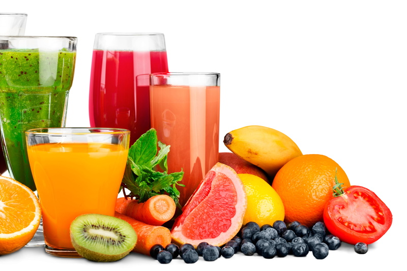 tomato, lemon, oranges, fruit, kiwi, vegetables, blueberries, banana, juices, 5K, white background, carrots, glasses, berry