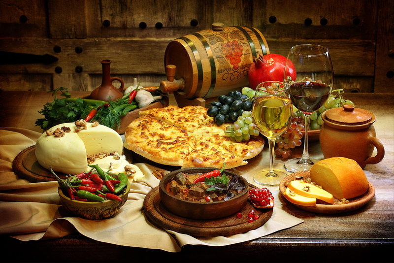 meals, khachapuri, vegetables, garnet, greens, wine, cheese, glasses, 1080P, pepper, grapes, cuts, barrel, table