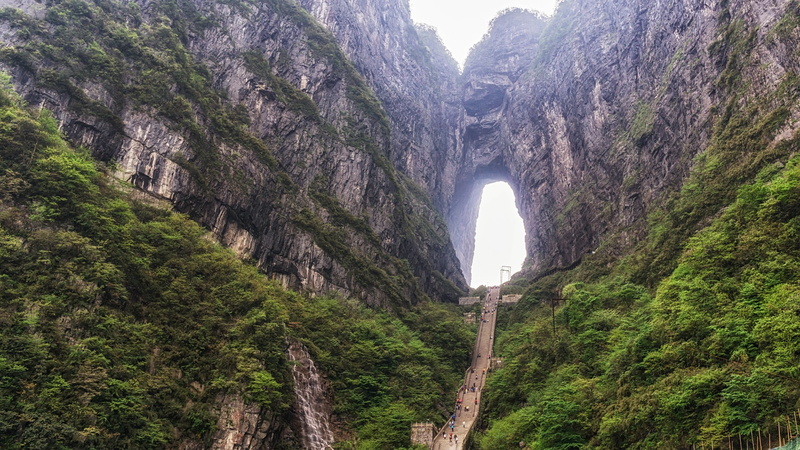 1080P, rocks, stairs, China, Tianmen Mountain, people, hole, far view, landscape, trees, Hunan, nature, mountains