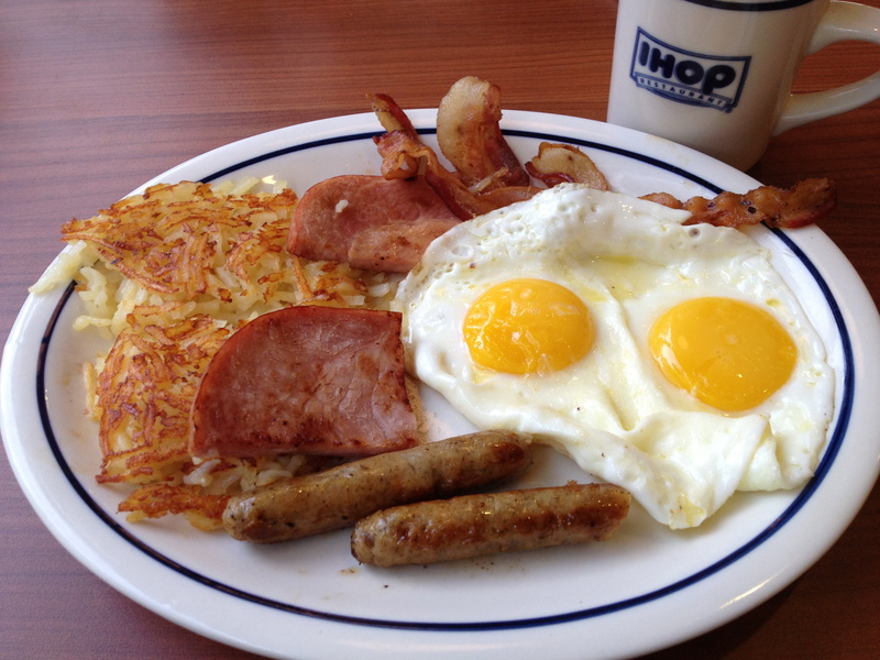 grilled, no people, food and drink, freshness, plate, dinner, meat, serving size, ihop, pancakes, eggs, brand, logo, scrambled Eggs, indoors, cooked, crockery