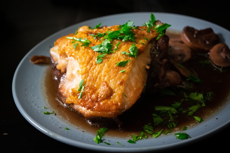 dish, healthy eating, stew, food and drink, indoors, chicken, pottery, turkey dinner, ready-to-eat, herb, freshness, supper, cutlery, no people, black background