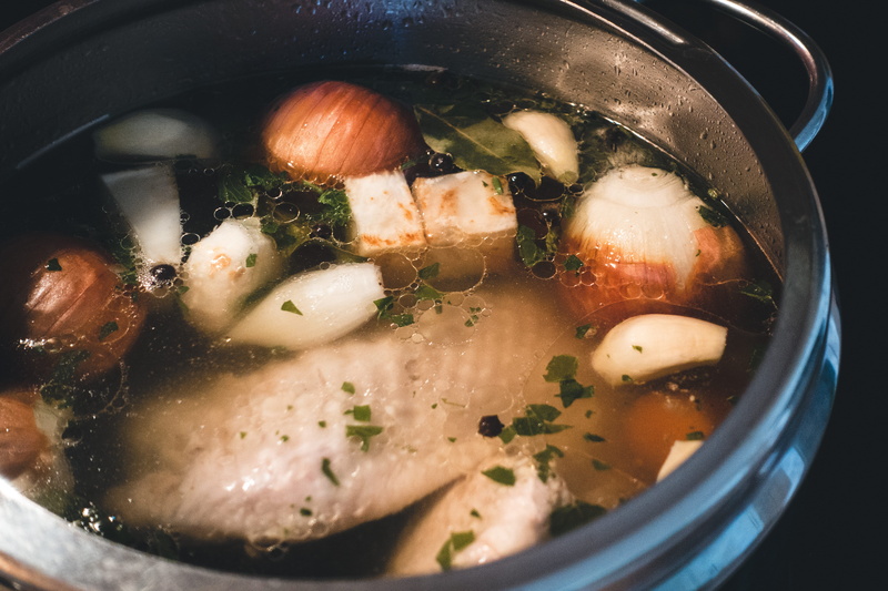 Cooking, herb, kitchenware, chicken, chicken broth, cooking pan, meal, healthy, preparation, soup, close-up, high angle view, ready-to-eat, food, still life
