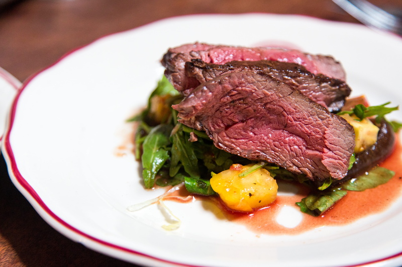 healthy eating, place, green, eating out, roasted, tenderloin, red meat, restaurant, meal, dinner, garnish, rare, rare steak, focus on foreground, indoors