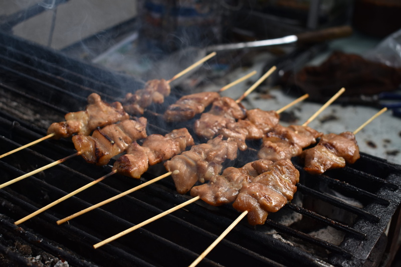 snack, barbecue grill, grill, food and drink, close-up, ready-to-eat, breakfast, skewer, thailand, thai, food, preparing food, preparation, smoke, chicken meat