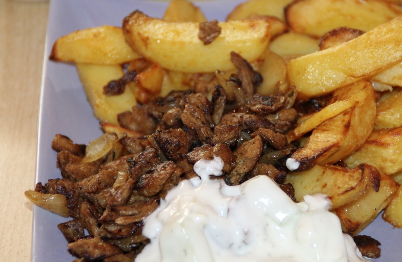 food and drink, indoors, eat, close-up, tsatsiki, yogurt, still life, french fries, fast food, specialty, fried, french, schnetzel, unhealthy eating, freshness