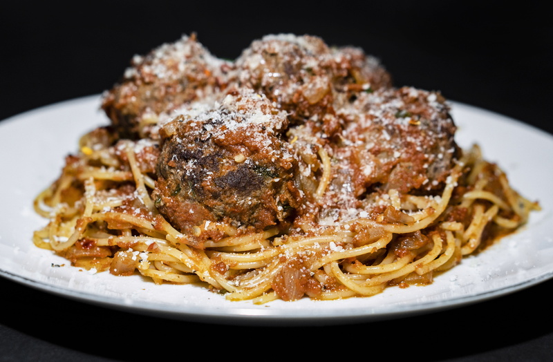 still life, italian food, food photography, dish, close-up, black background, no people, spaghetti and meatball, cheese, spaghetti, selective focus, food and drink