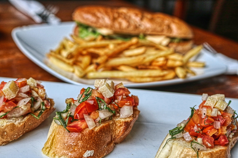 mediterranean, indoors, bruschetta, sandwich, focus on foreground, prepared potato, italians, vegetable, 5K, meat, plate, no people, herbs, snack, baguette