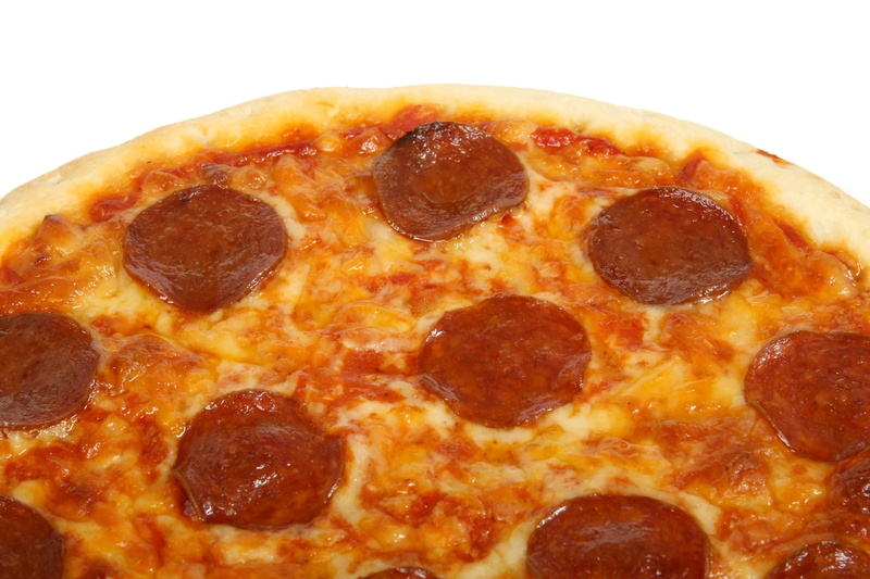 nutrition, cut out, spicy, food, white background, American, indulgence, yellow, red, pizza, cooked, macro, hot, sausage, closeup, breakfast, dairy product