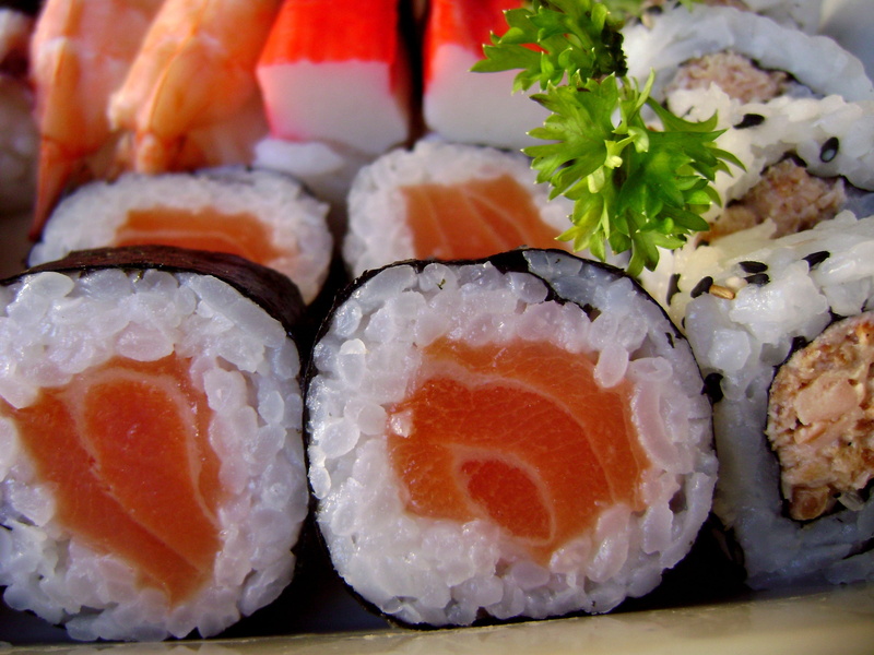 chopsticks, lunch, sashimi, appetizer, garnish, salmon - seafood, fish, asia, salmon, nori, rice - Food Staple, cultures, no people, east Asian Culture