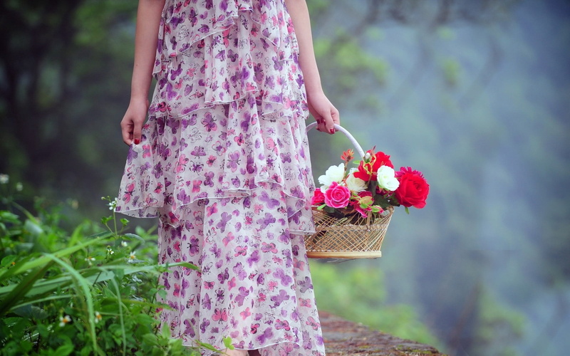 basket, childhood, freshness, plant, cute, outdoors, 1080P, girls, purple, happiness, picking, summer, standing, flowers, midsection, focus on foreground