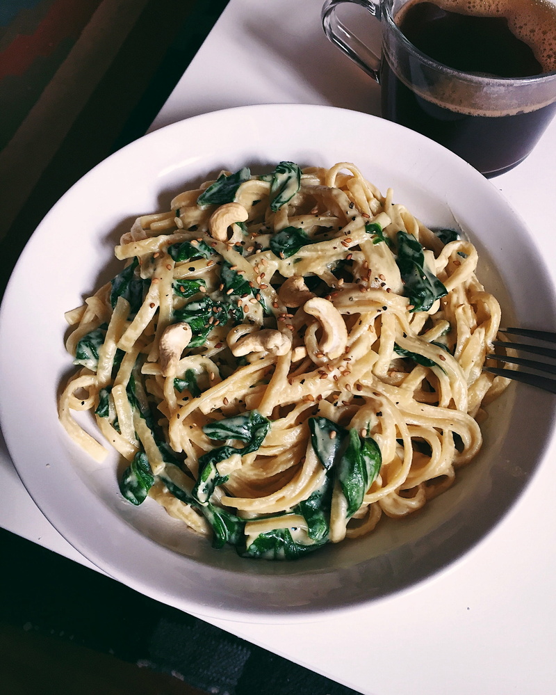 high angle view, ready-to-eat, garnish, bowl, healthy eating, serving size, spinach, sesame, pasta, meal, no people, freshness, indoors, temptation, nuts