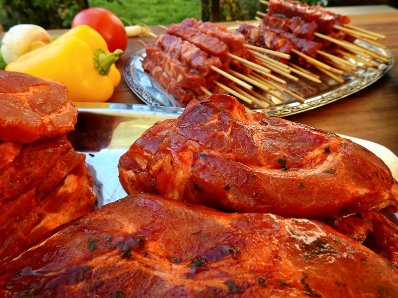 pork, meat, indoors, grilled, roasted, freshness, paprika, mushroom, still life, tomato, wellbeing, prepare, dinner, sausage, food, close-up, no people