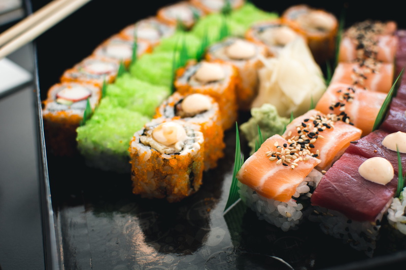 avocado, Colorful, focus on foreground, snack, tray, indoors, box, sashimi, rolled Up, high angle view, slice, close-up, meal, wellbeing, food, gourmet