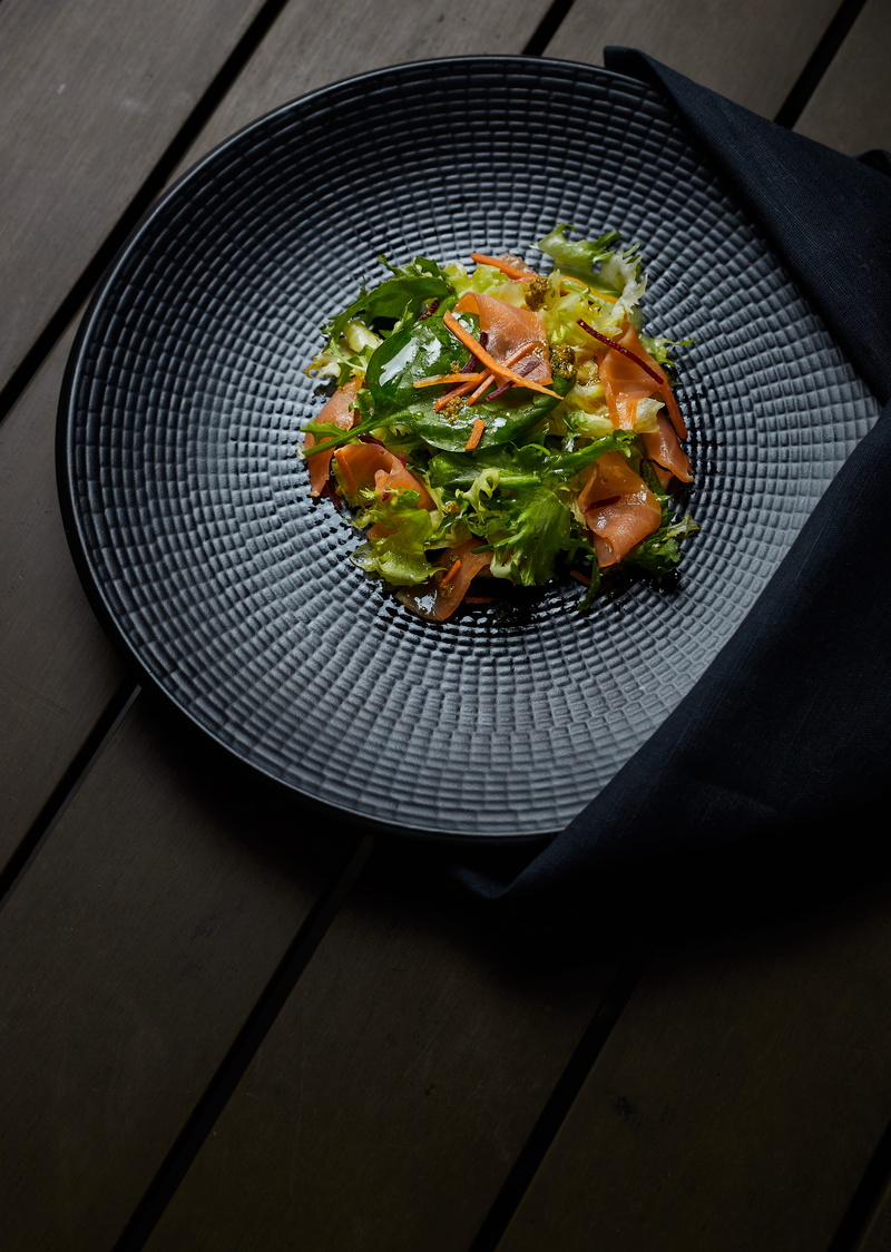 dish, salad, temptation, plate, cuisine, vegetable, meat, ready-to-eat, gray, indoors, food and drink, healthy eating, high angle view, serving size, food