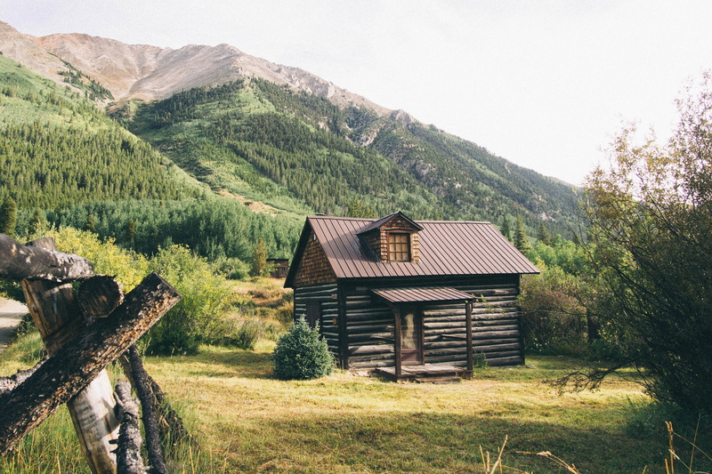 woods, outdoor, trees, landscape, tree, cabin, environment, log cabin, daytime, scenics - nature, forest, mountain, wood - material, sky, tranquility, mountains