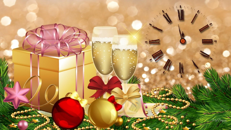 christmas, feliz navidad, champagne, style, time, 2013, balls, clock, decorations, 1080P, new years, beads, gift, celebrate