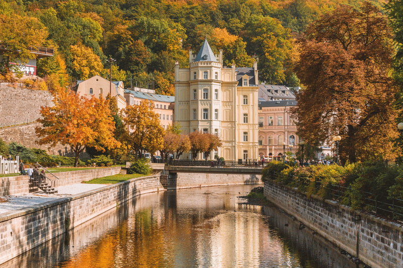 building, 4K, no people, republic, built structure, plant, autumn, spa, bridge - man made structure, waterfront, karlovy, tree, vary, nature, history