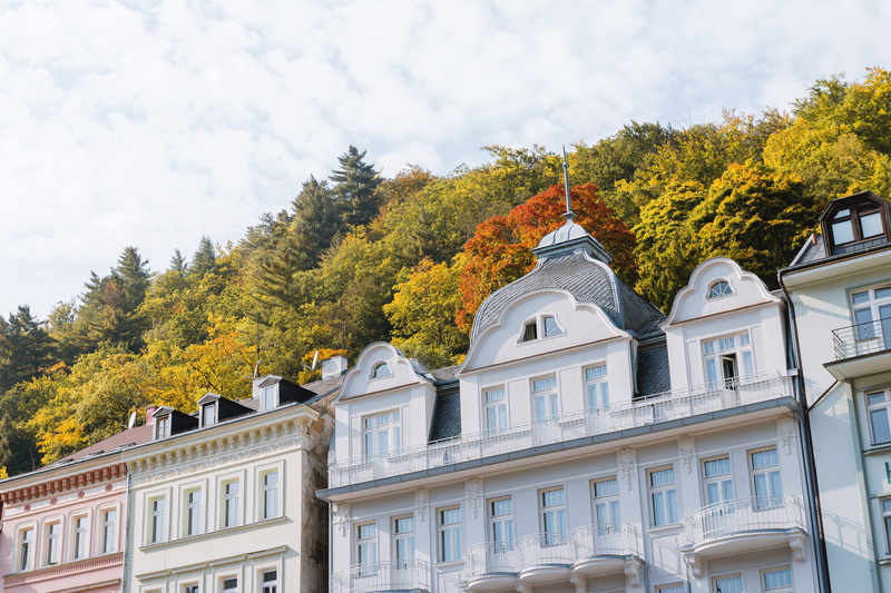 house, street, building exterior, religion, low angle view, no people, sunny, plant, architecture, tree, building, hotels, tall, karlovy, built structure