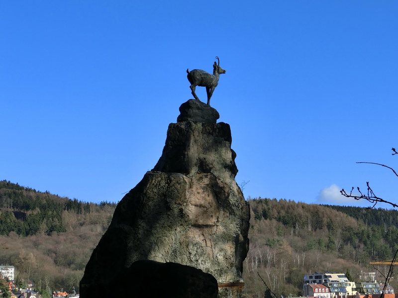 no people, human representation, representation, low angle view, tree, karlovy vary, nature, bird, chamois, bronze, blue, clear sky, art and craft, rock